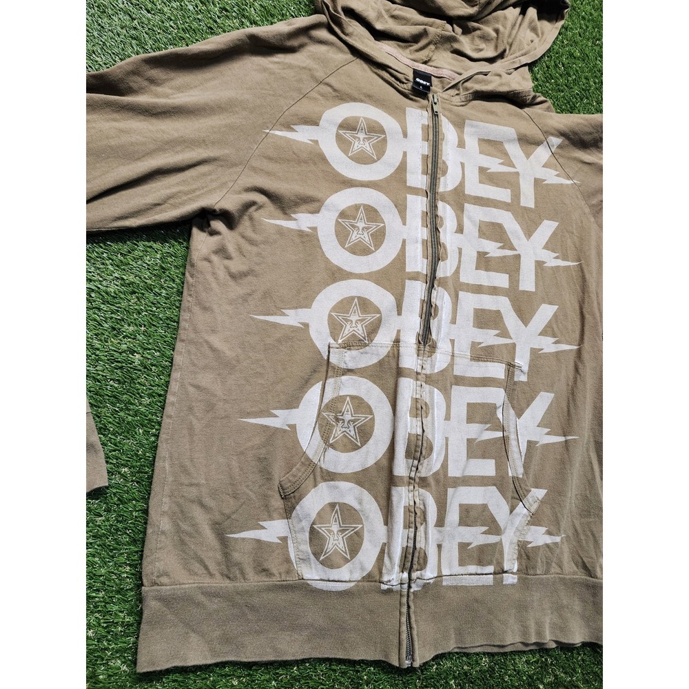 Obey Hoodie Mens Medium Tan Brown Full Zip Sweatshirt Jacket Large - Picture 2 of 5
